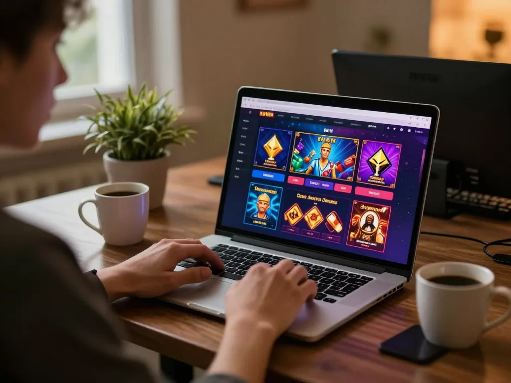 Kuwin user engaging with online casino gaming on laptop in a cozy home setting.
