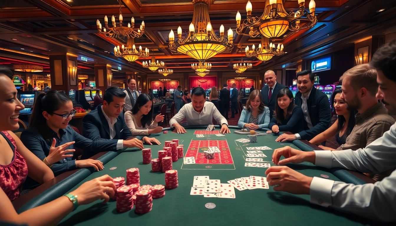 Experience thrilling action as gamblers engage with nohu-themed casino tables and vibrant poker chips.