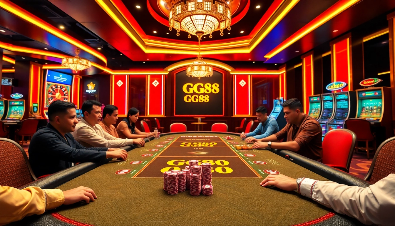 Players enjoying a thrilling poker game at GG88-themed casino with vibrant atmosphere and colorful chips.