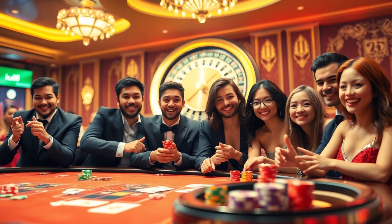 Engaging gamblers at ku88's vibrant casino table with poker chips, cards, and roulette wheel.