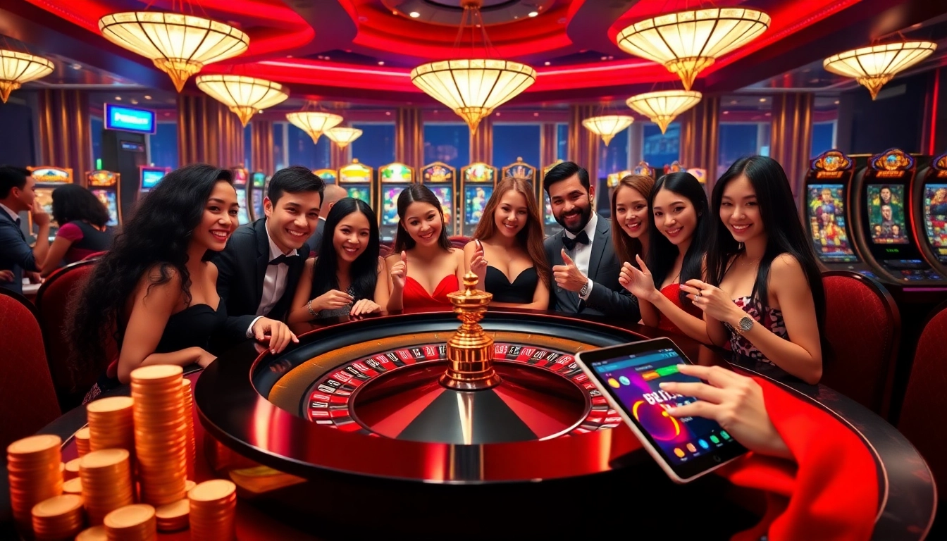 Players enjoying a thrilling moment at the KK55 casino roulette table amidst vibrant gaming excitement.