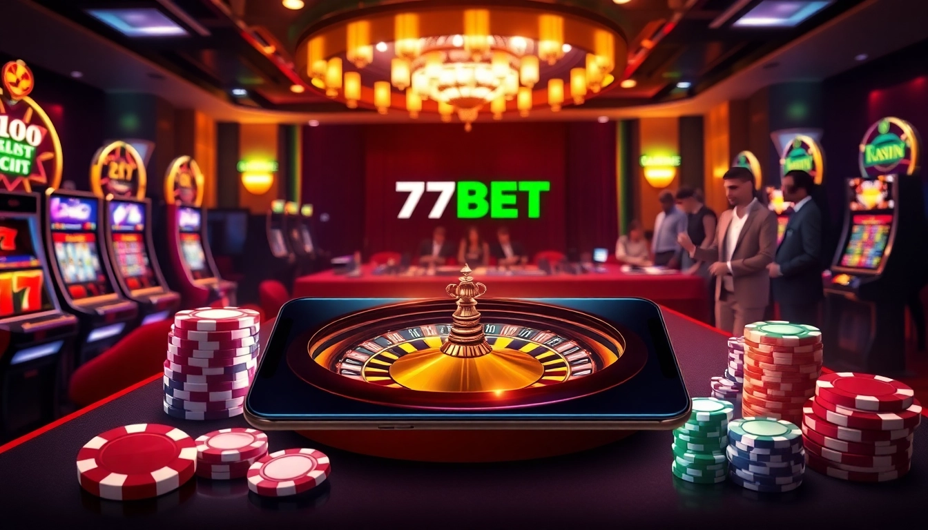 Experience thrilling online gaming action with 77BET, featuring vibrant casino elements and exciting gameplay.