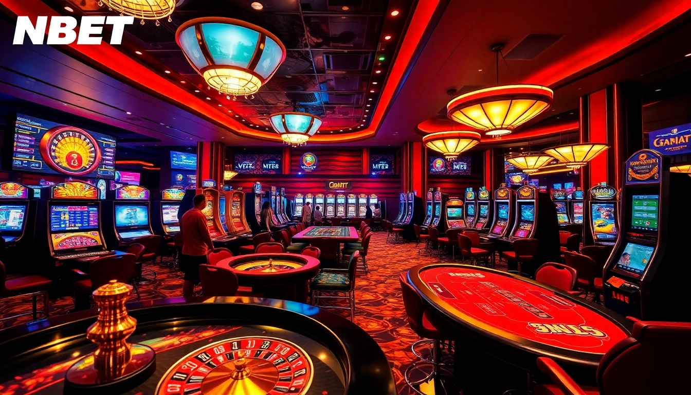 Engage with thrilling NBET casino games featuring vibrant roulette tables and sleek slot machines.