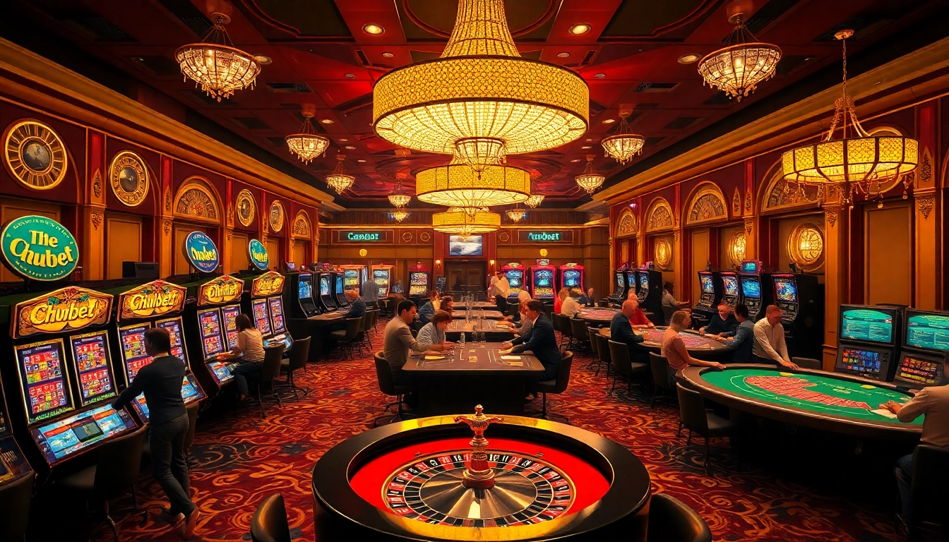 Experience hubet with vibrant casino games, players engaged at tables and slot machines.