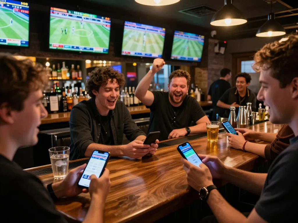 Tin88 sports betting scene with enthusiastic patrons placing bets in a vibrant bar atmosphere