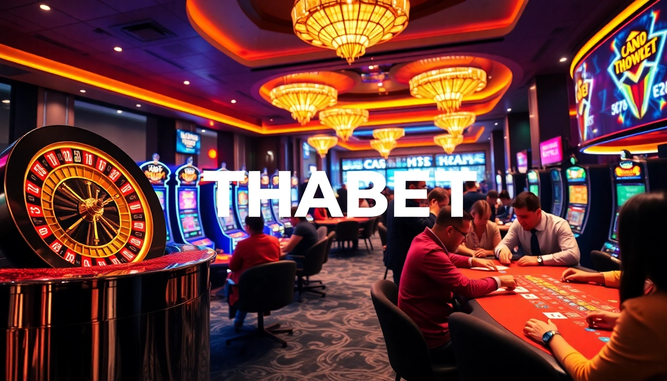 Engaging scene of THABET casino with players enjoying roulette and poker.