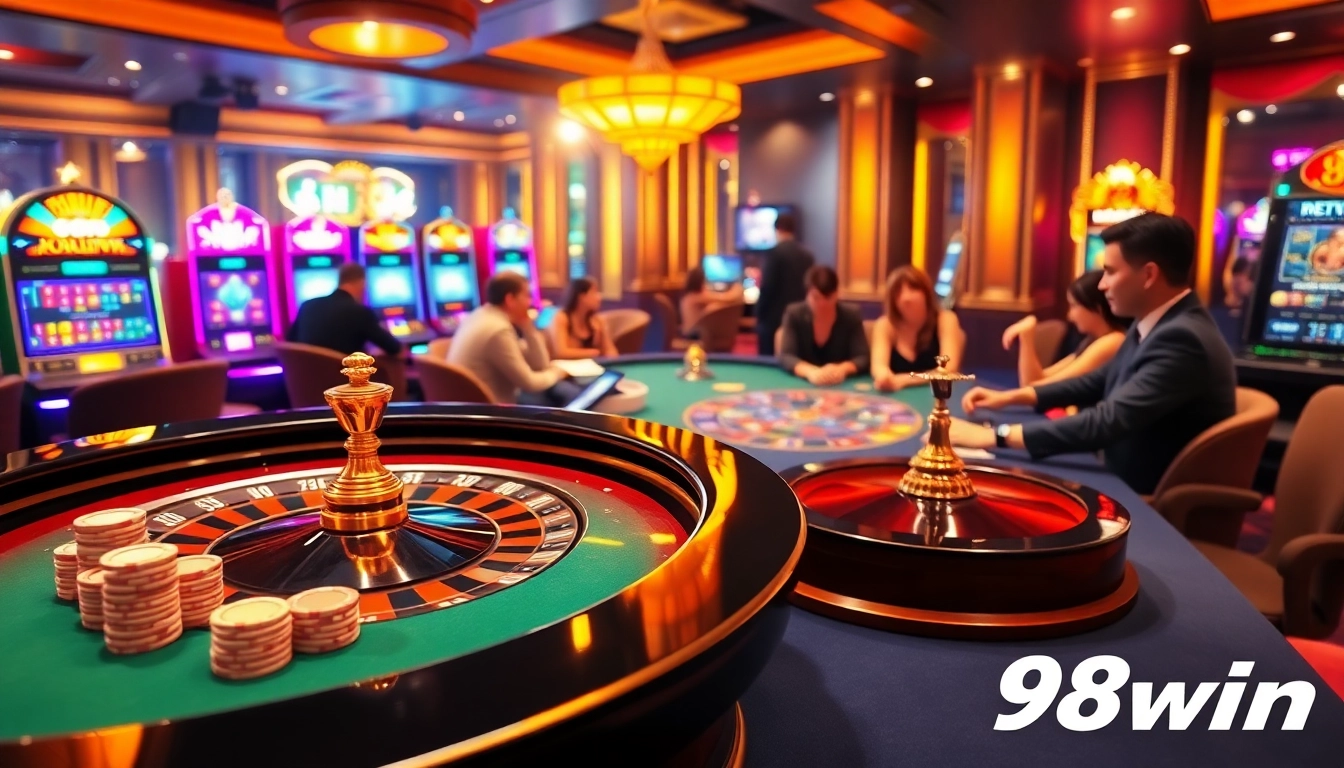 Exciting gaming moment at 98win's casino with roulette and poker players.
