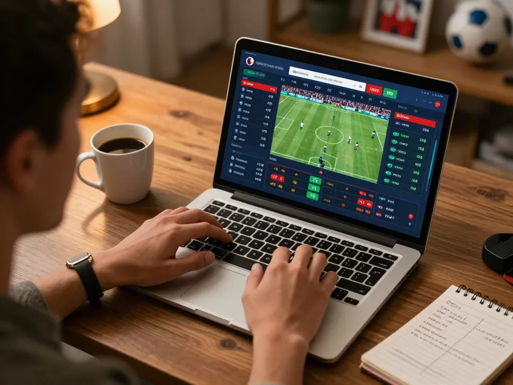 Person placing live sports bets on QE8 platform with intense focus and strategy notebook.