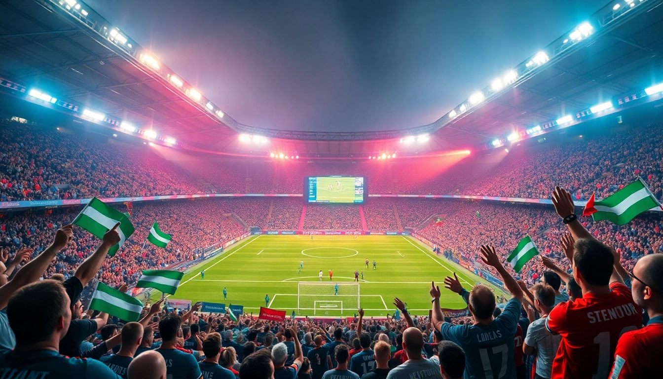 Exciting scene of a live football match at Bongdanet with passionate fans and a dynamic scoreboard.