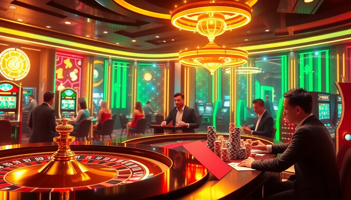 Experience the thrill of 68VIP online gaming with a luxurious casino scene featuring vibrant slot machines and poker chips.