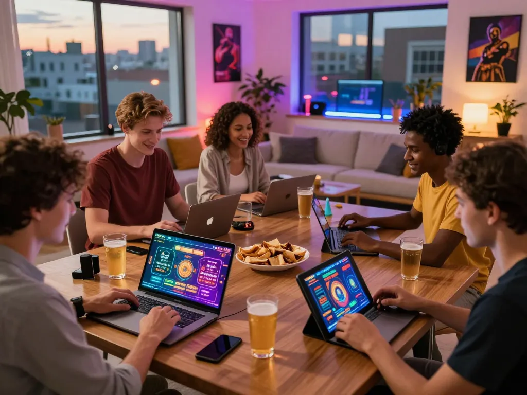 Friends playing online games with BJ888 on personal devices in a vibrant living room