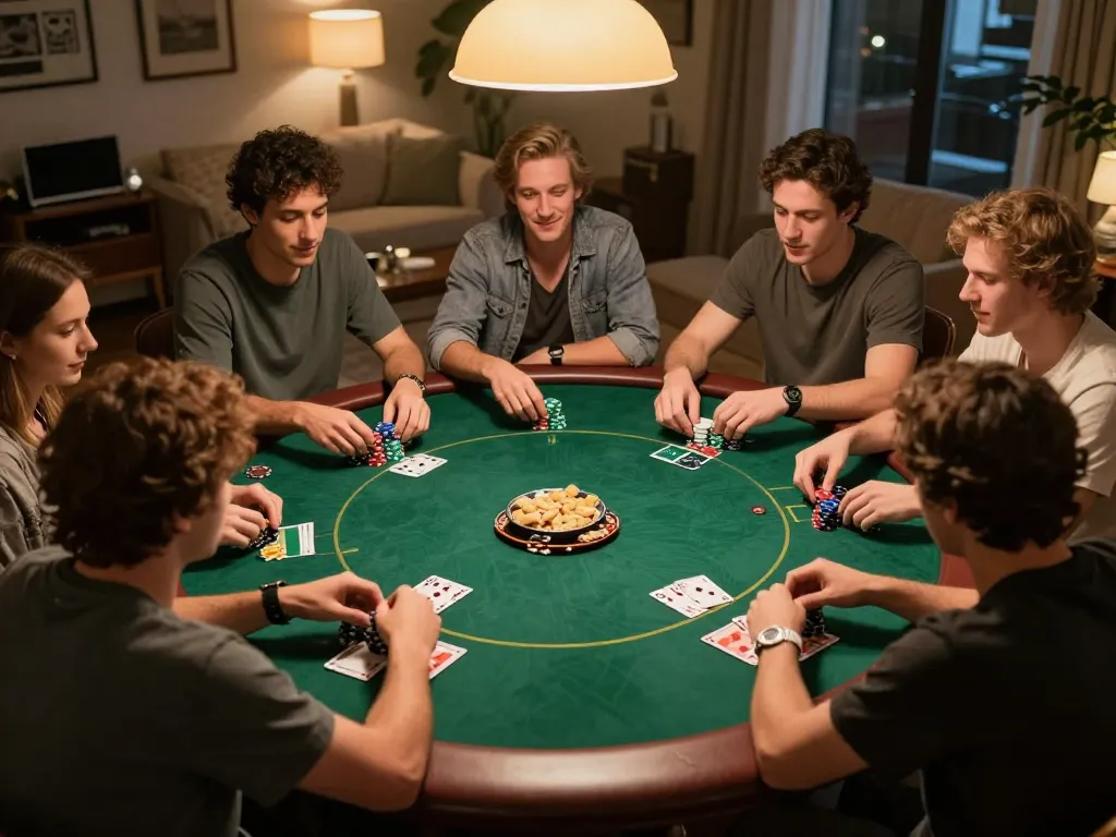 Friends gathered for a thrilling poker night at home, showcasing the excitement of 88vv gambling.
