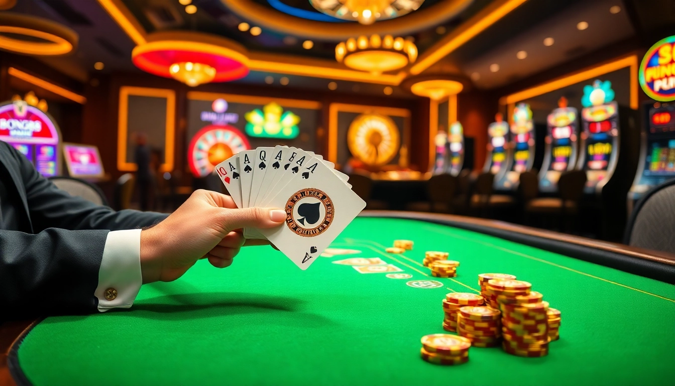 Bong88 enhances the excitement of high-stakes gambling with a lively casino scene featuring poker, roulette, and slot machines.