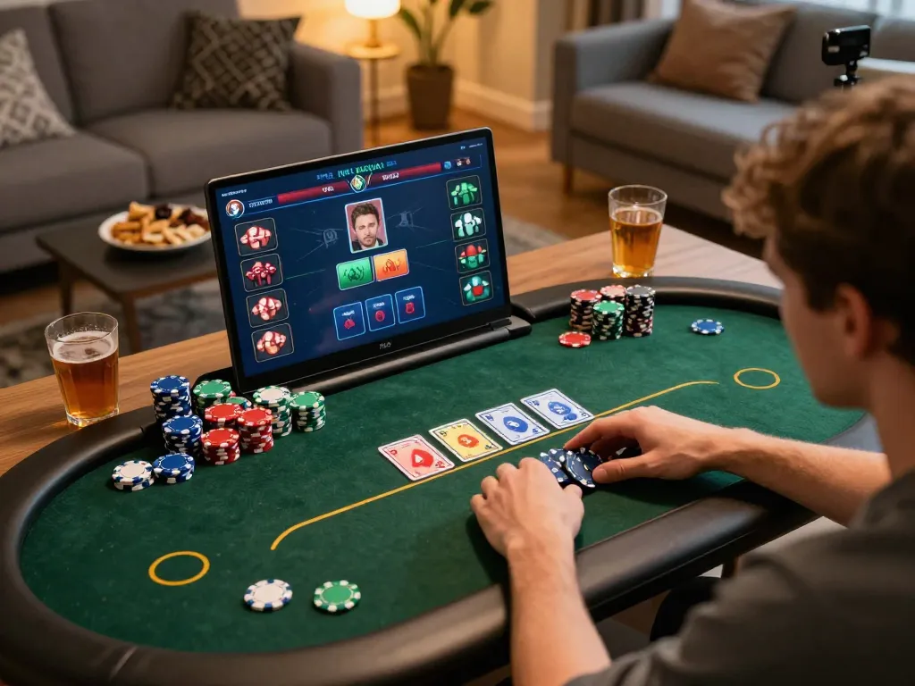 Players strategizing in an intense online poker game on 888NOW with vibrant chips and cozy surroundings