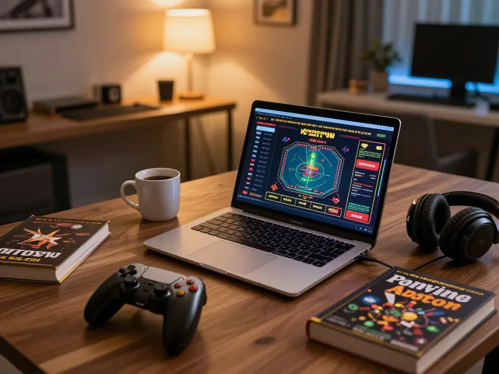 ATQ online gaming setup with laptop displaying casino interface and strategic books nearby