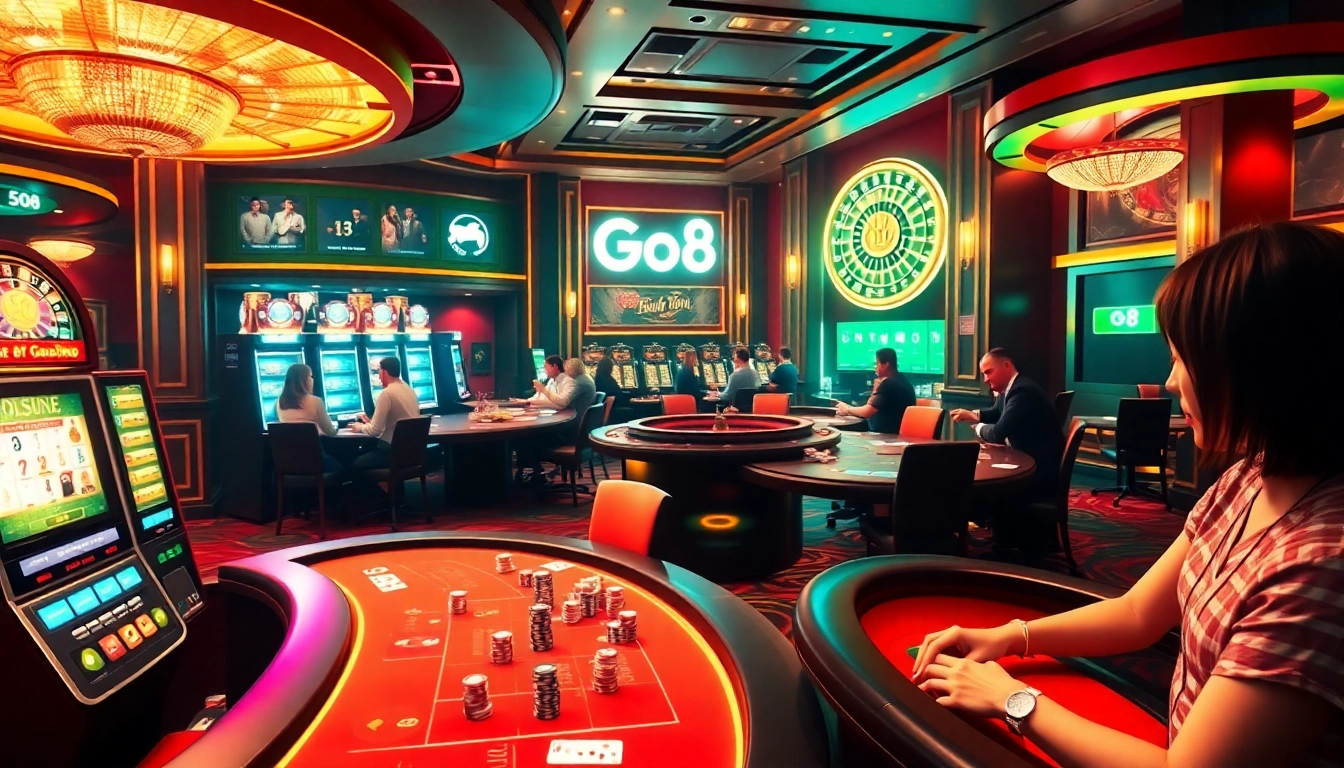 Go8 online casino experience with professional players enjoying blackjack and vibrant slot machines.
