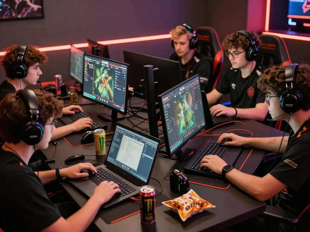 Gamers intensely following GG88 esports betting in a dynamic gaming lounge.