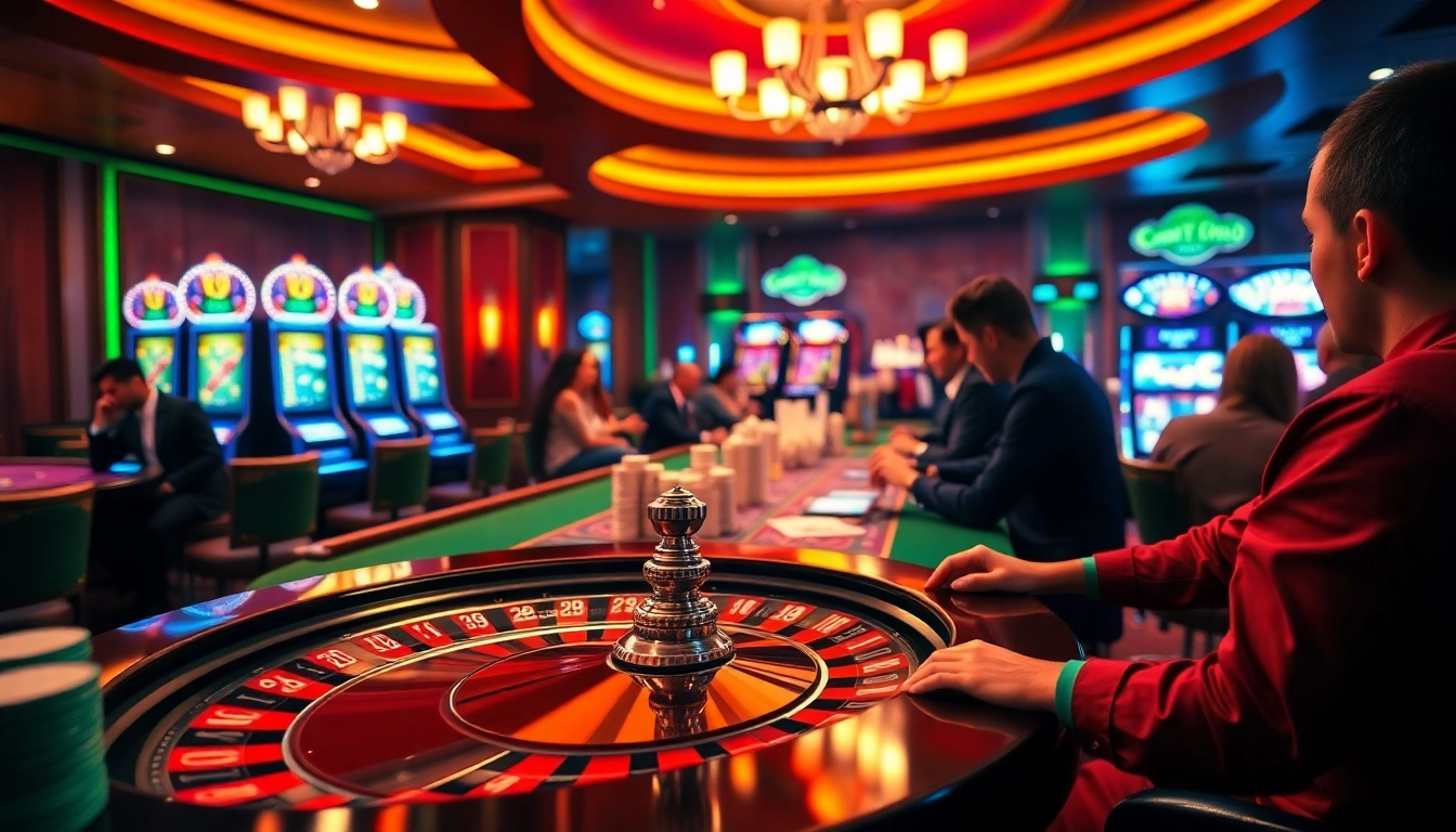 Engage with KJC's luxurious casino experience featuring vivid slot machines and poker chips.