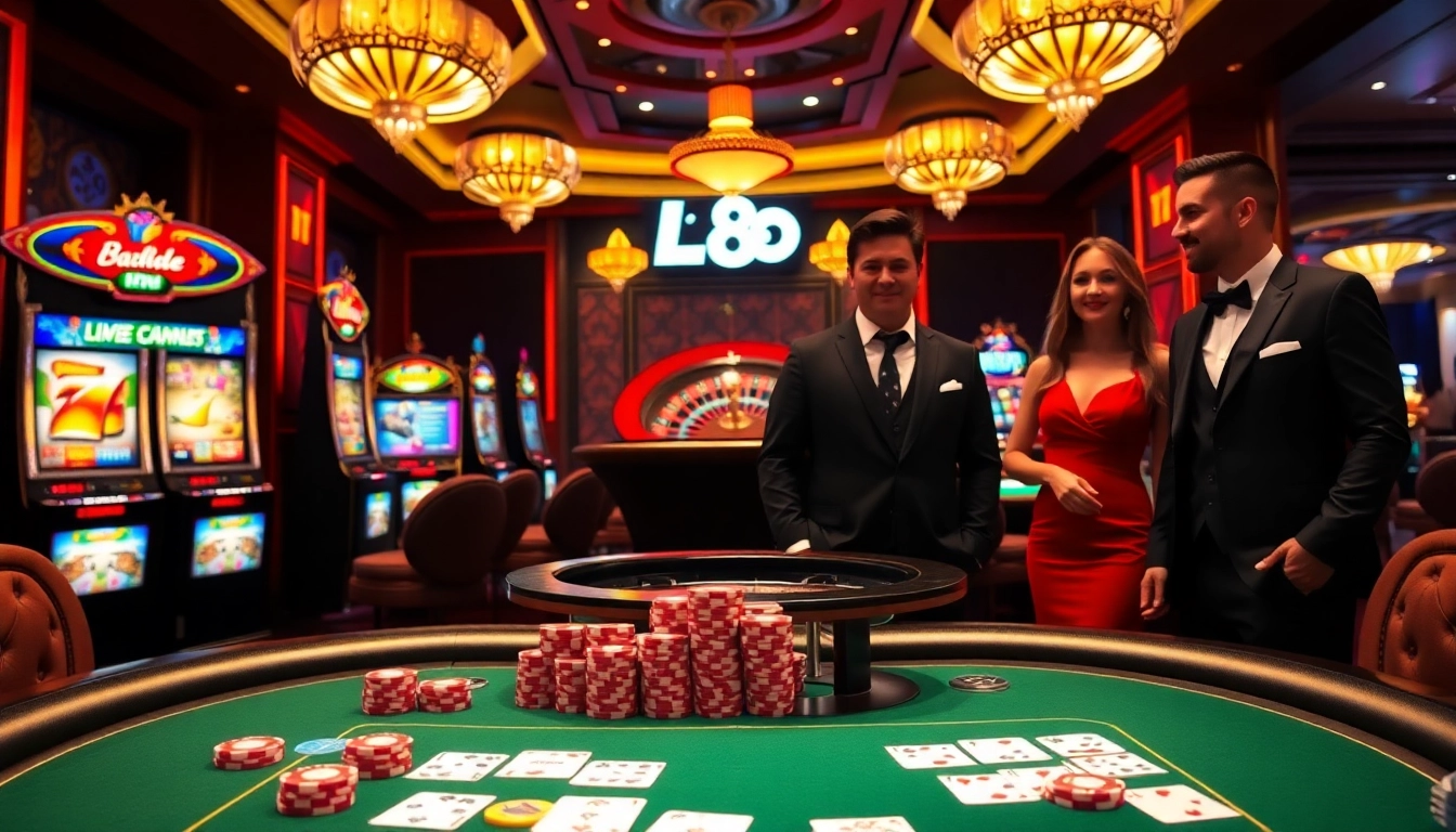 Players enjoying a luxurious casino experience at lu88 with vibrant poker tables and exciting slot machines.