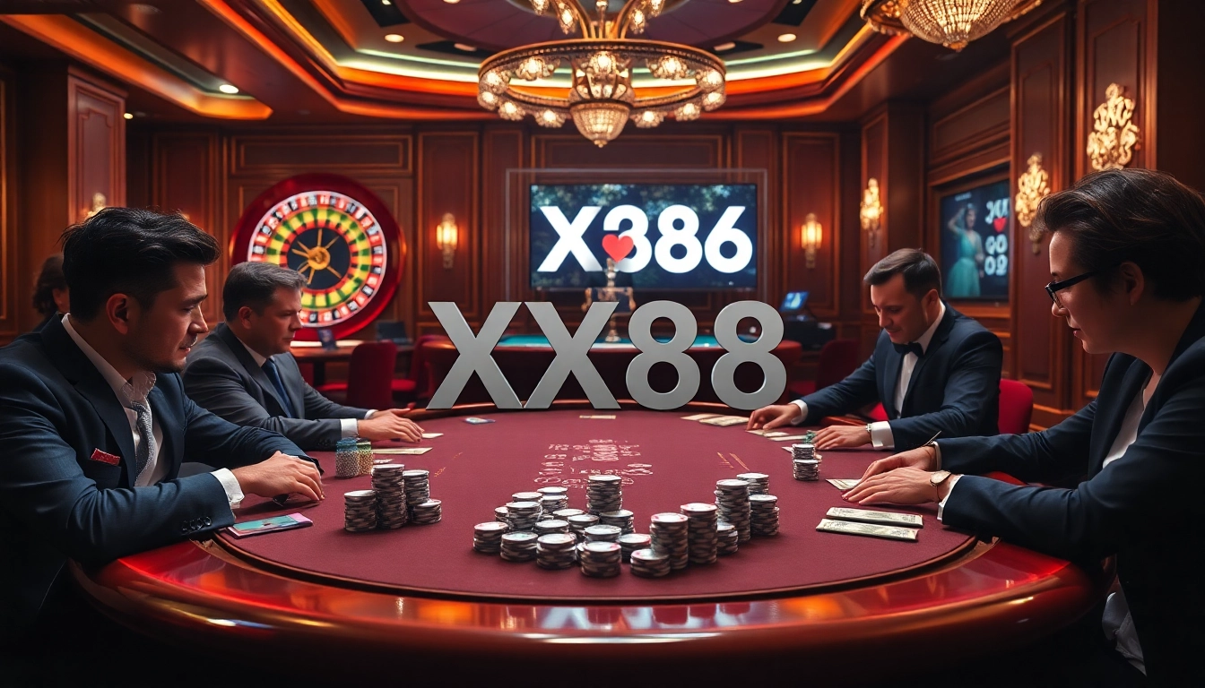 High-stakes poker action featuring the XX88 casino brand, luxurious setting and professional atmosphere.