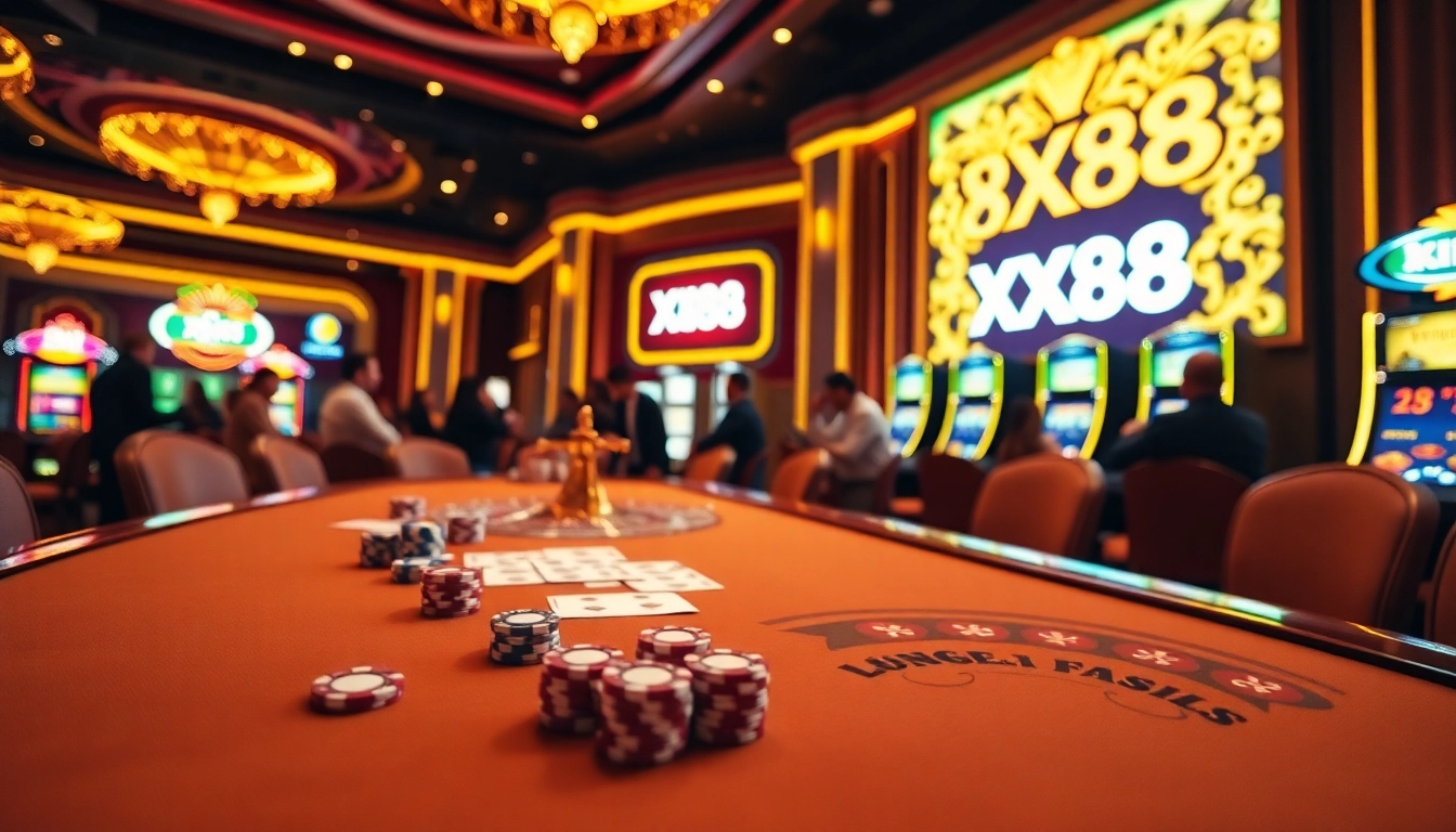 Players enjoying an exciting game at XX88 casino table, complete with chips and cards.