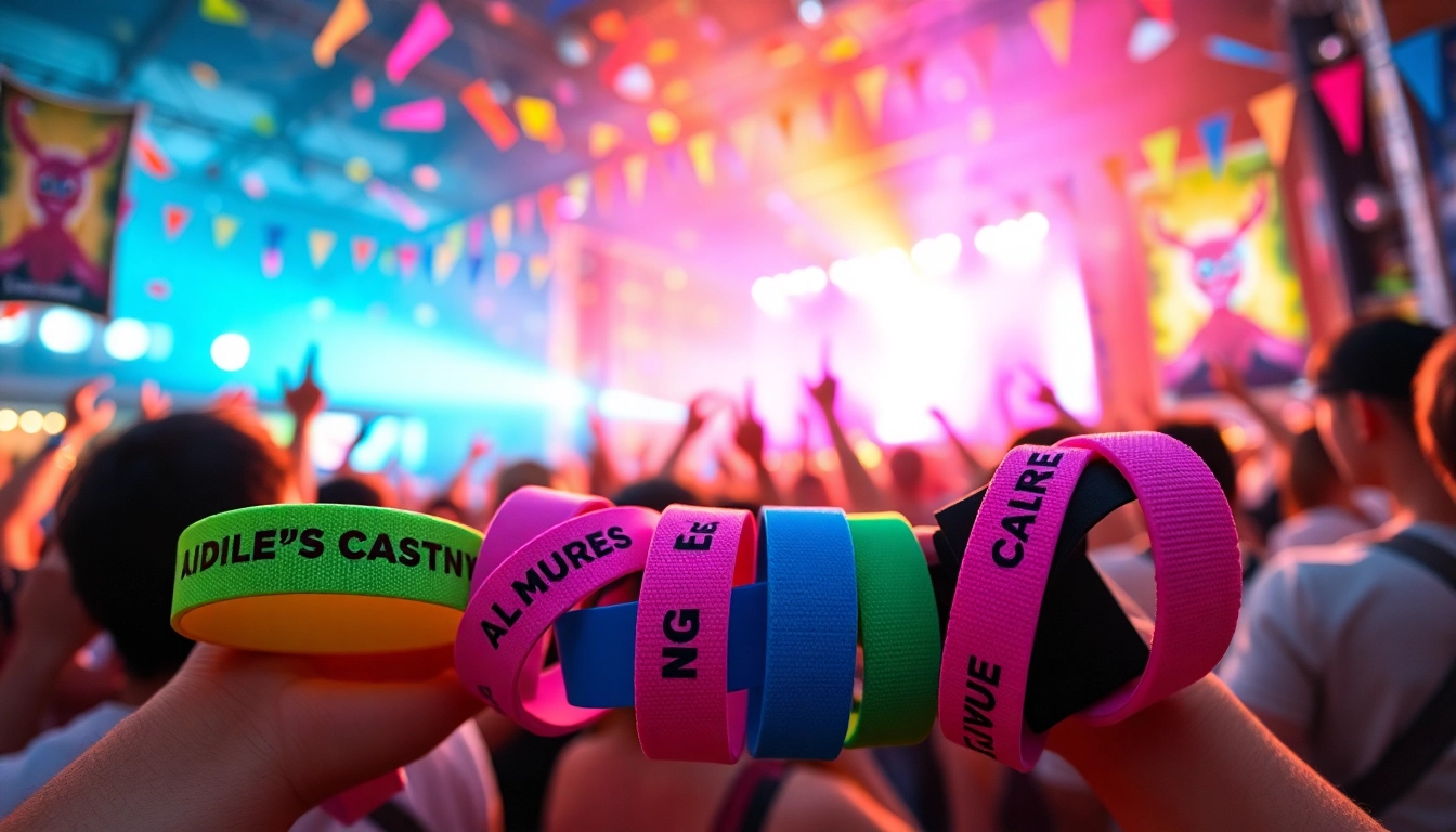 Personalisierte Festival-Armbänder in leuchtenden Farben, mit individuellen Designs und feierlicher Atmosphäre.
