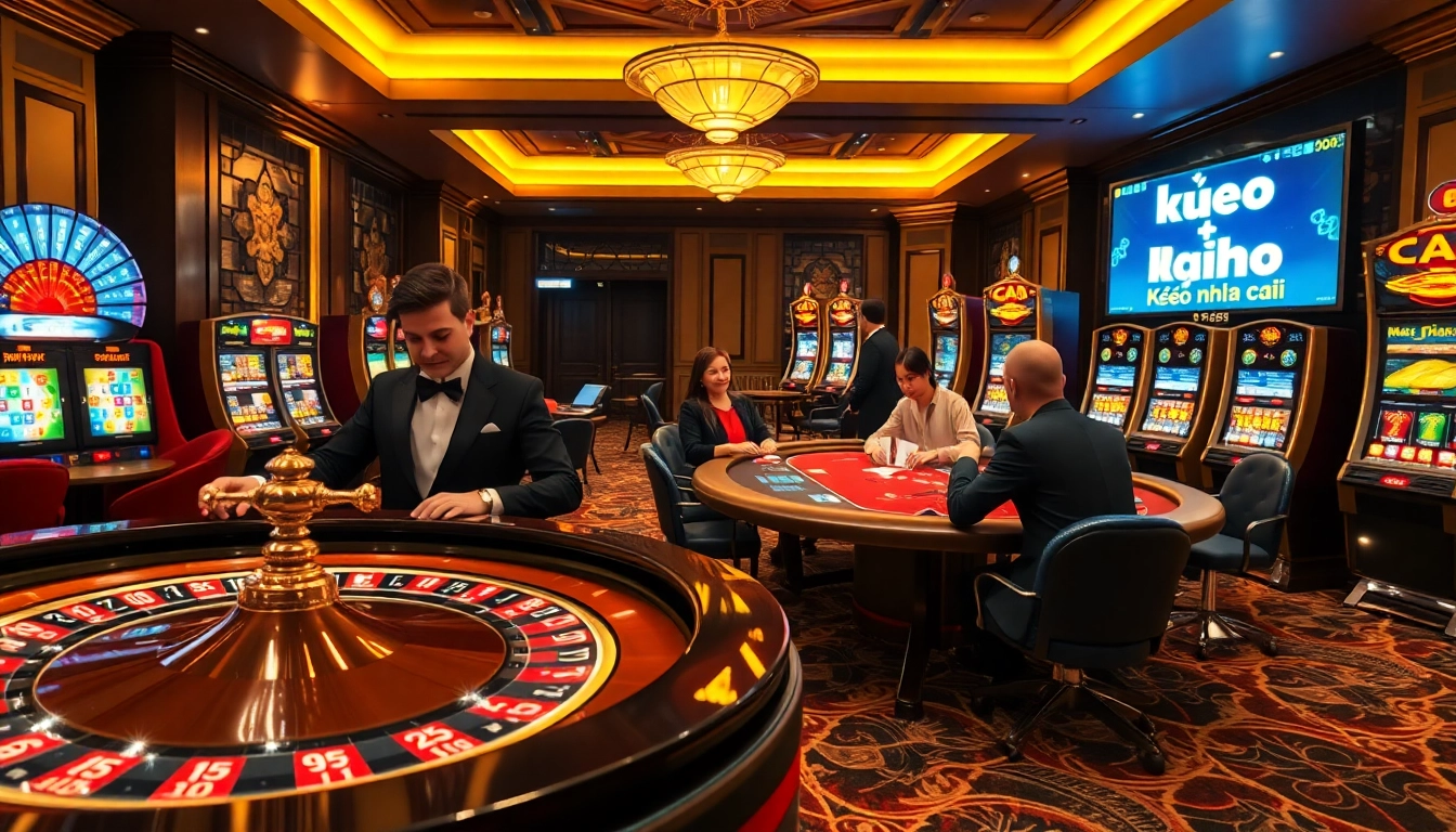 Kèo nhà cái betting interface displayed among luxurious casino tables and excited gamblers.