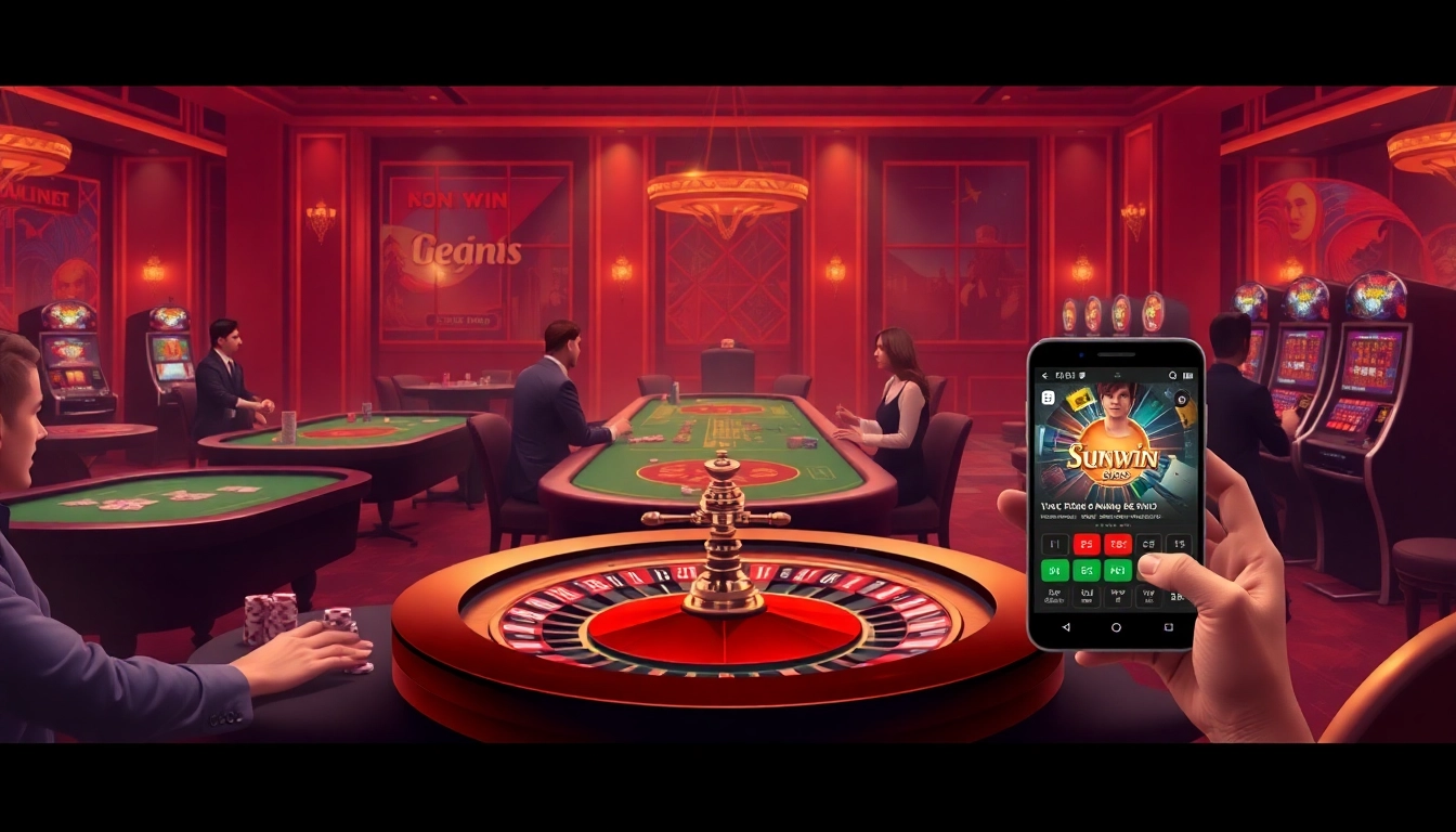A luxurious online gambling scene featuring exciting gameplay with poker chips and the Sunwin interface.