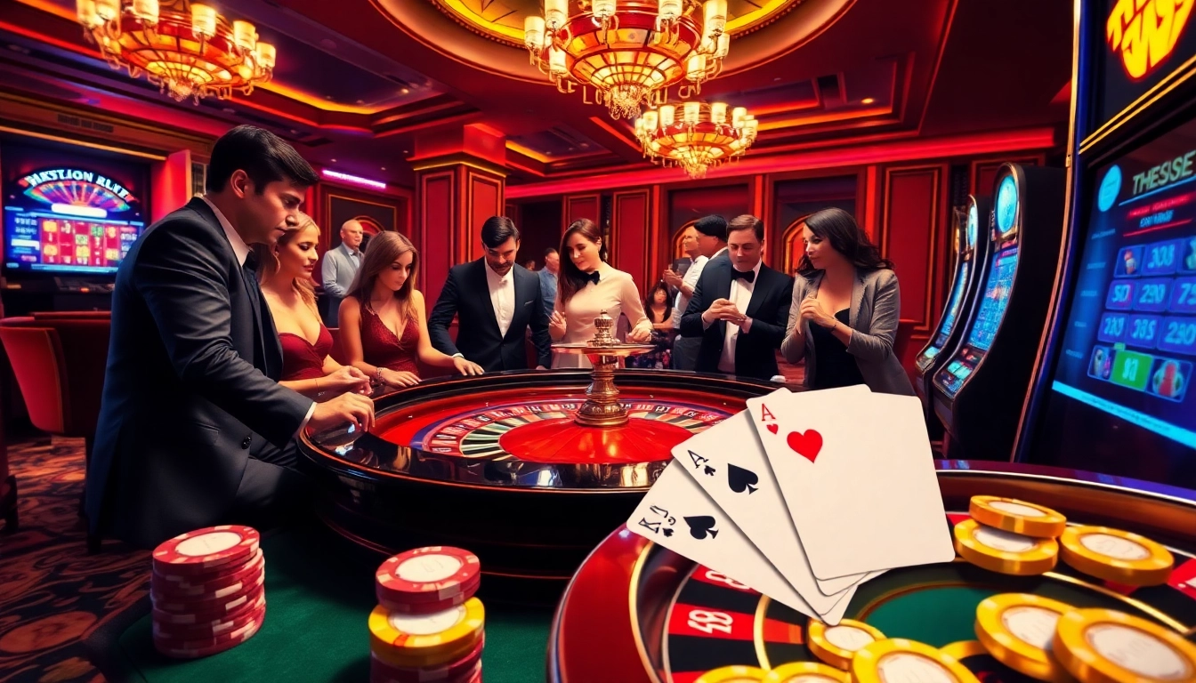A thrilling scene showcasing 789win casino featuring excited players at roulette and slot machines.