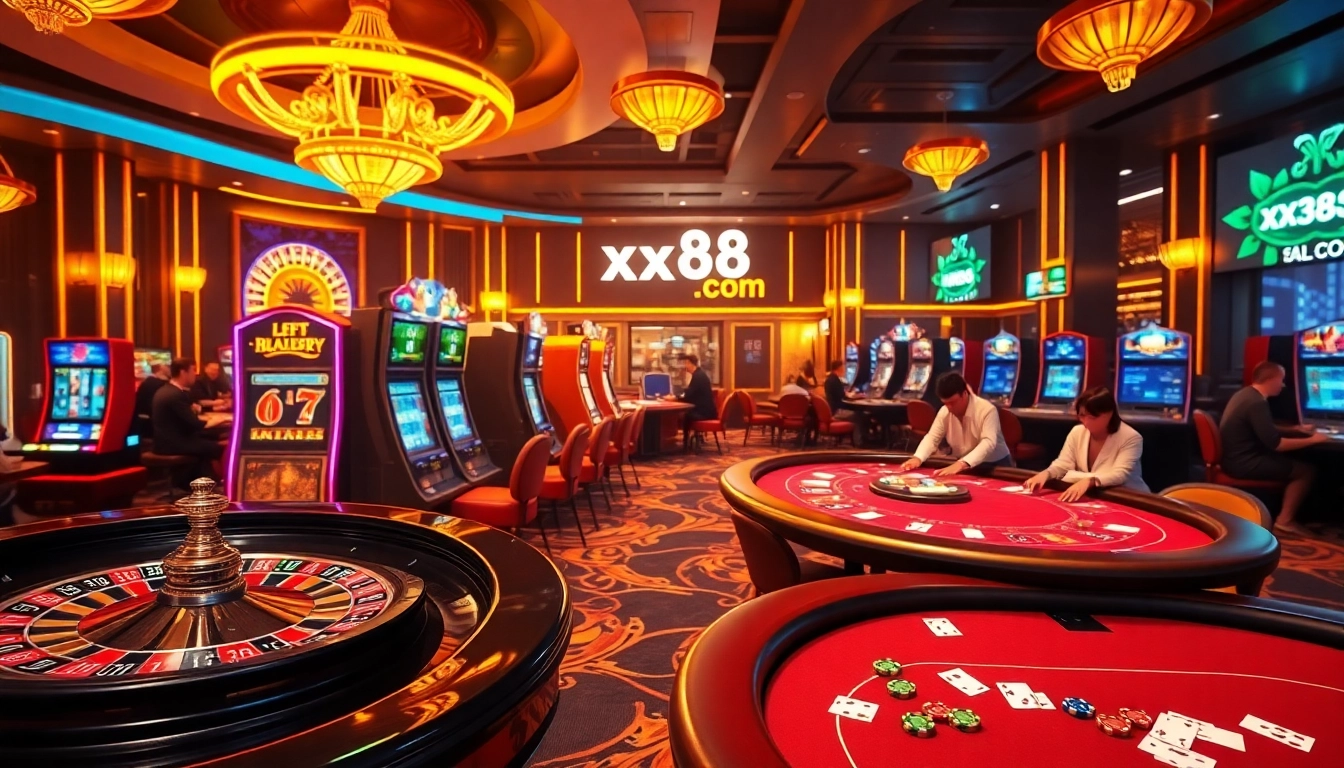 Experience the excitement of winning at xx88com with vibrant casino tables and slot machines.