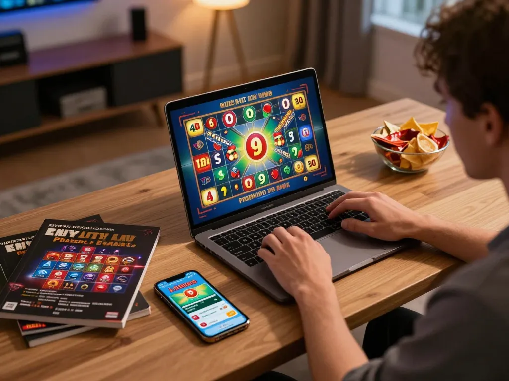 Person engaging in 4D lotto 9 gameplay on a laptop, surrounded by strategy notes and snacks.