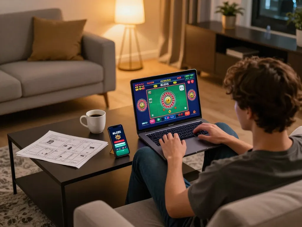 Engaging online gaming experience at home with BL555 casino app on laptop and strategy notes.
