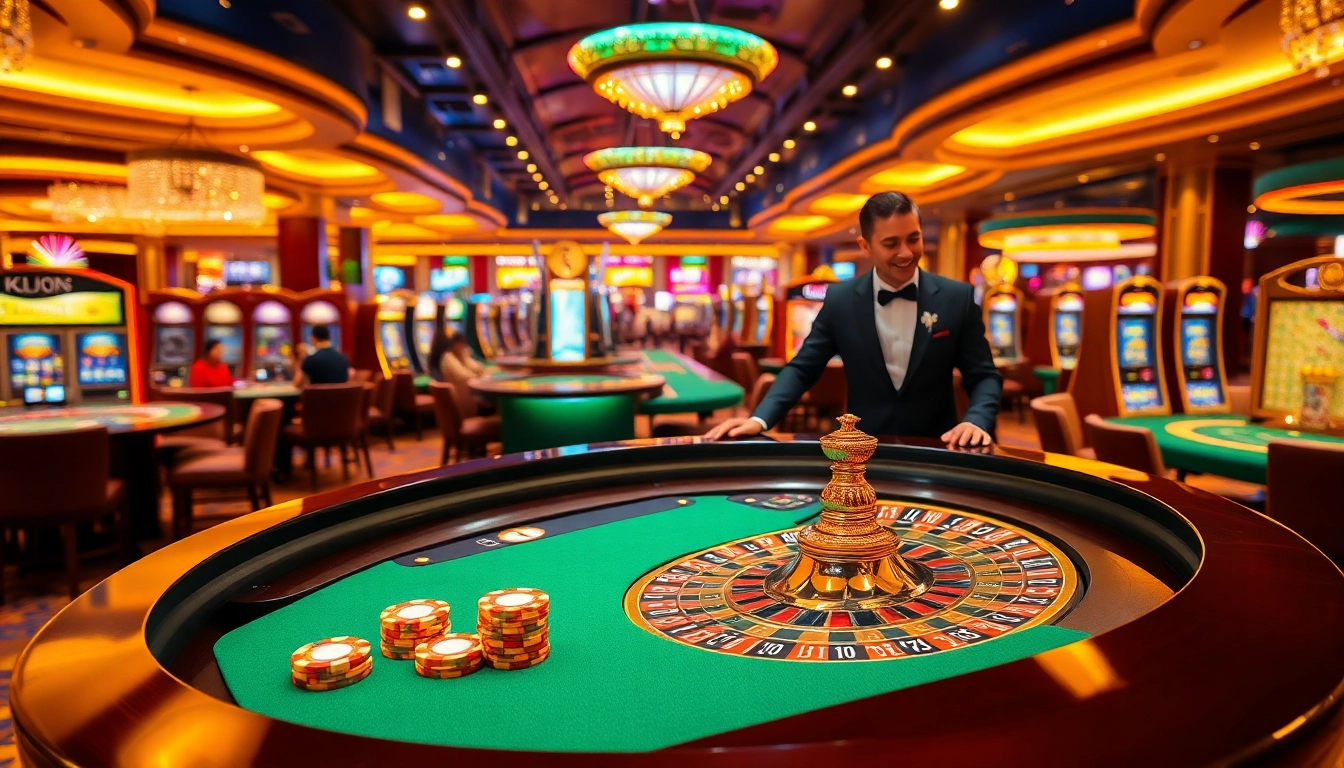 KJC casino scene showcasing an elegant roulette table and excited players enjoying vibrant gambling activities.