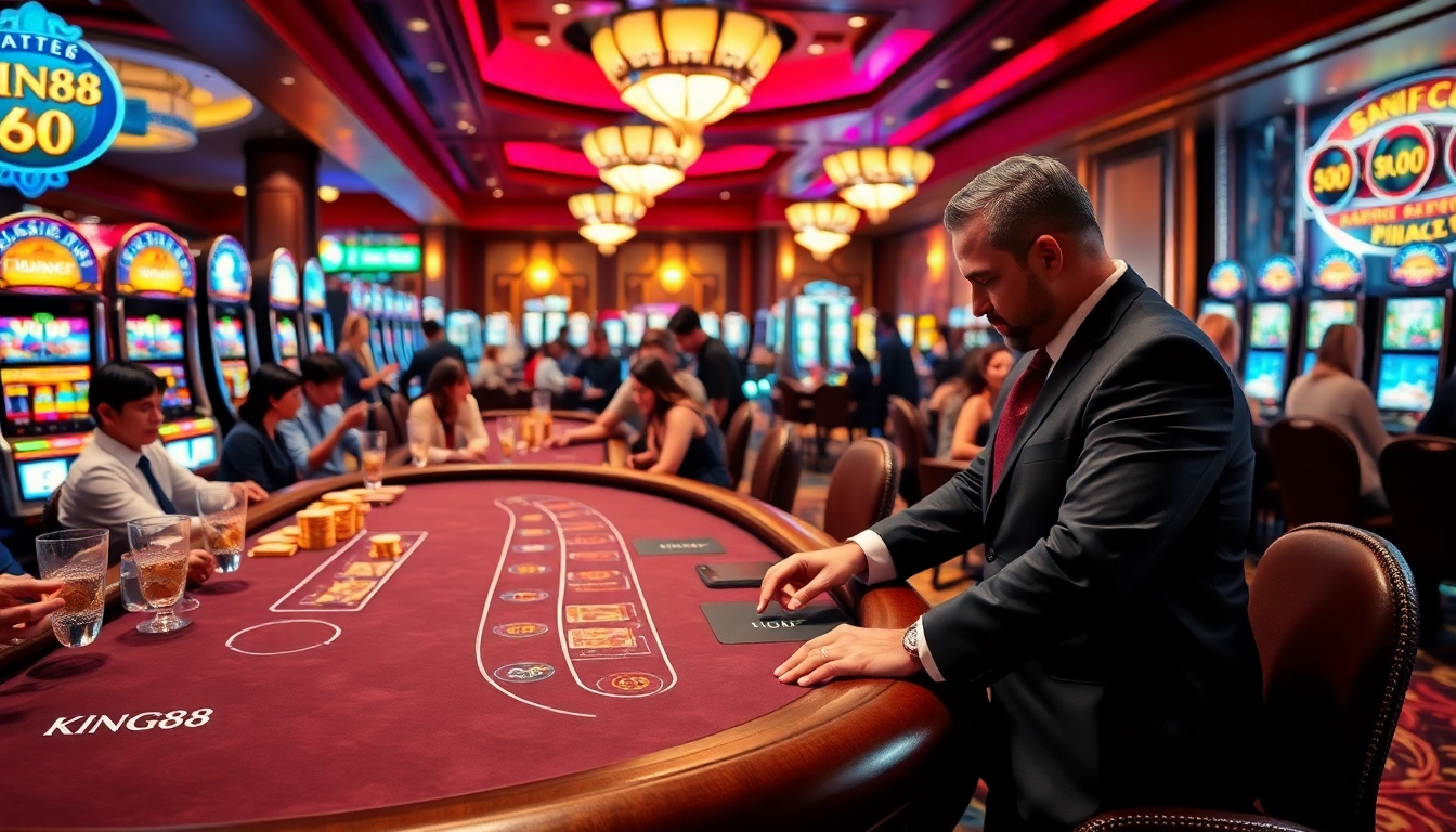 Players enjoy a thrilling game at King88's luxurious casino table, showcasing excitement in gambling.
