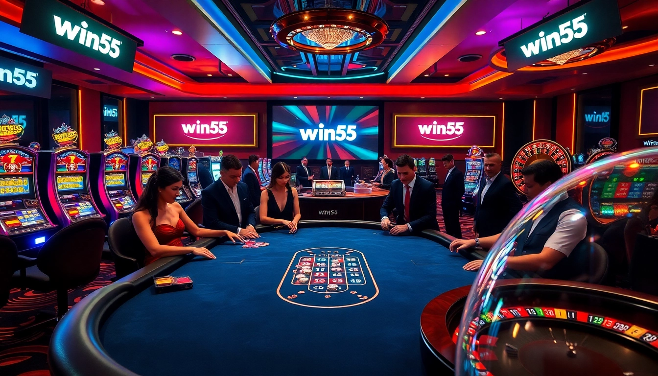 Experience the excitement of Win55 at a vibrant casino table with professional dealers and elegant gameplay.