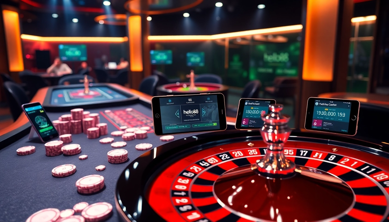 Experience the thrill of online gaming with hello88's vibrant casino environment featuring tables, cards, and roulette.