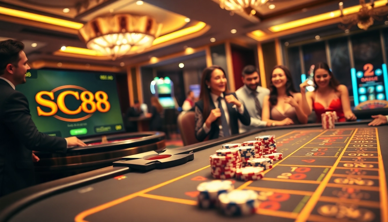 Experience the excitement of the game SC88 at a luxurious casino with eager players and vibrant tables.