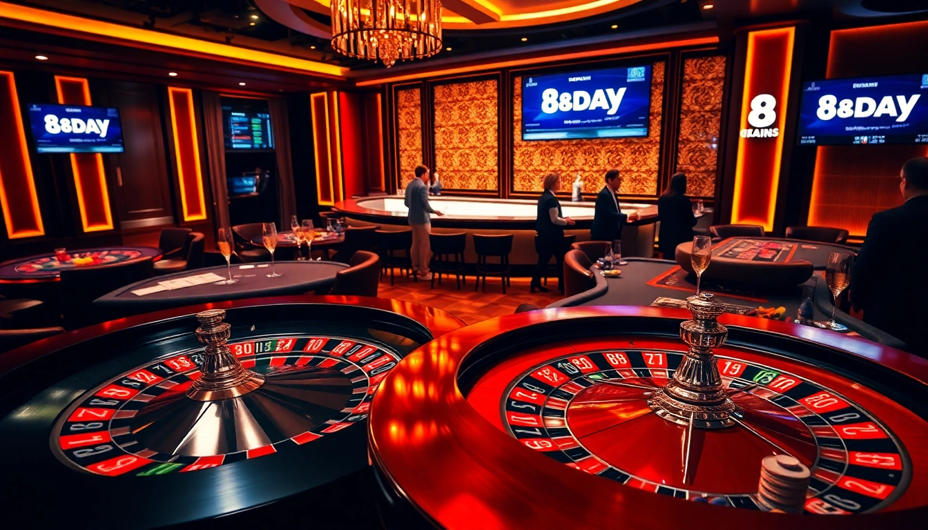 Get thrilled with the 8DAY casino experience at a luxurious poker table, colorful chips and cards abound.