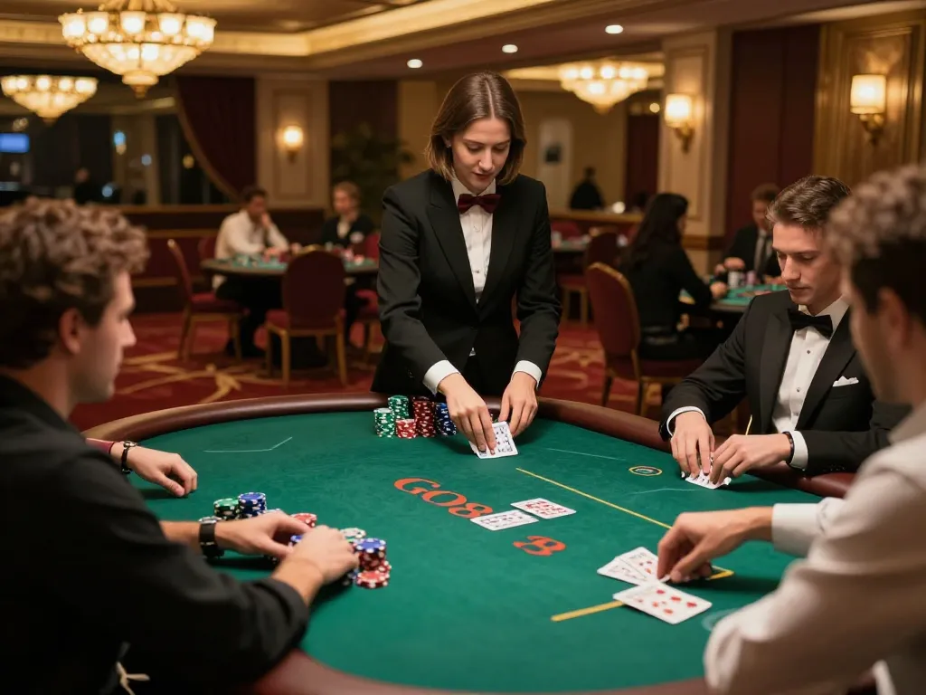 Players engaging in a strategic poker game at GO8 casino, with warm ambient lighting enhancing the luxurious atmosphere.