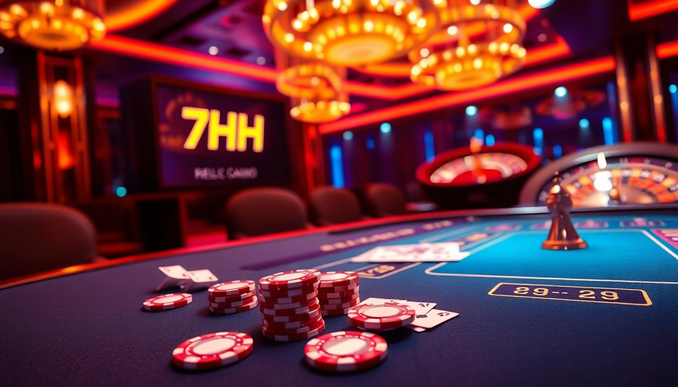7HH online casino scene with poker, roulette, and vibrant neon lights showcasing excitement.