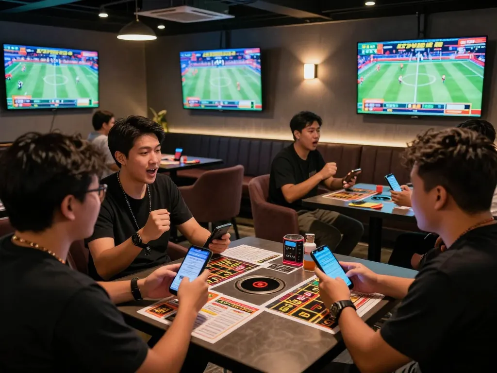 Enthusiastic bettors engaging in strategic wagers at Fly88 com's sports betting lounge