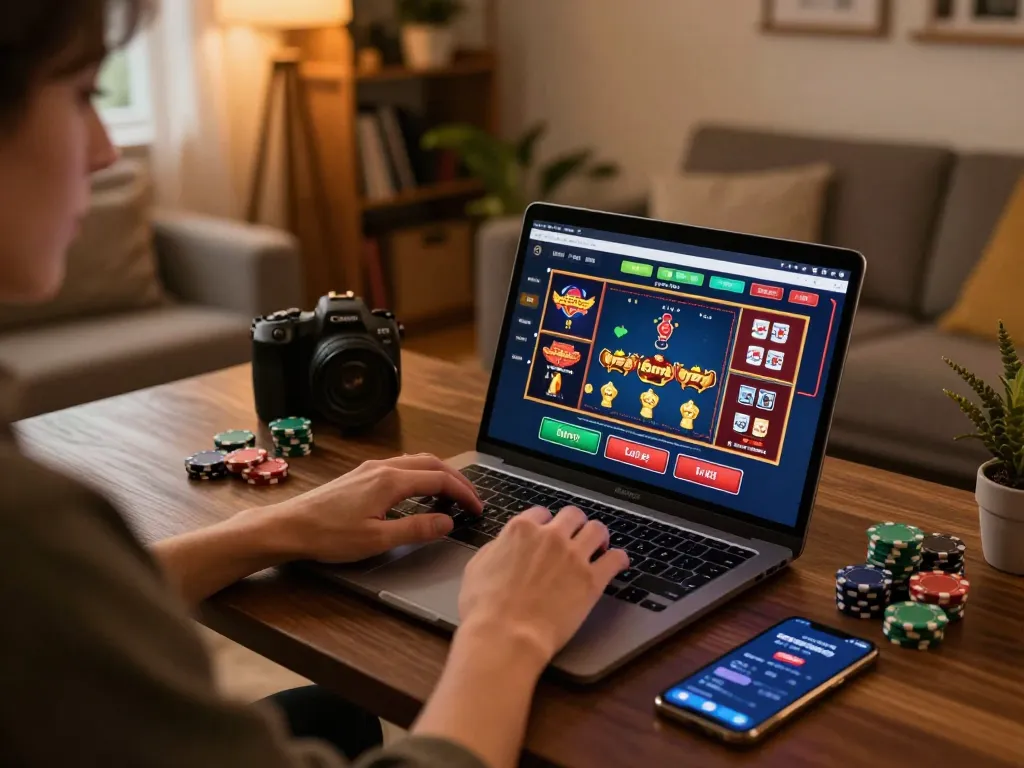 Engaging in online gaming on laptop with debet interface, cozy home atmosphere