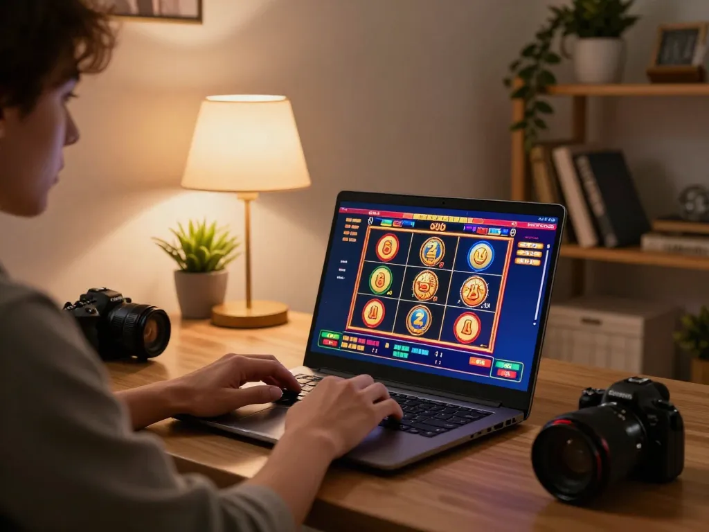 Play online casino games at a nhà cái uy tín on a laptop in a cozy, inviting home environment.