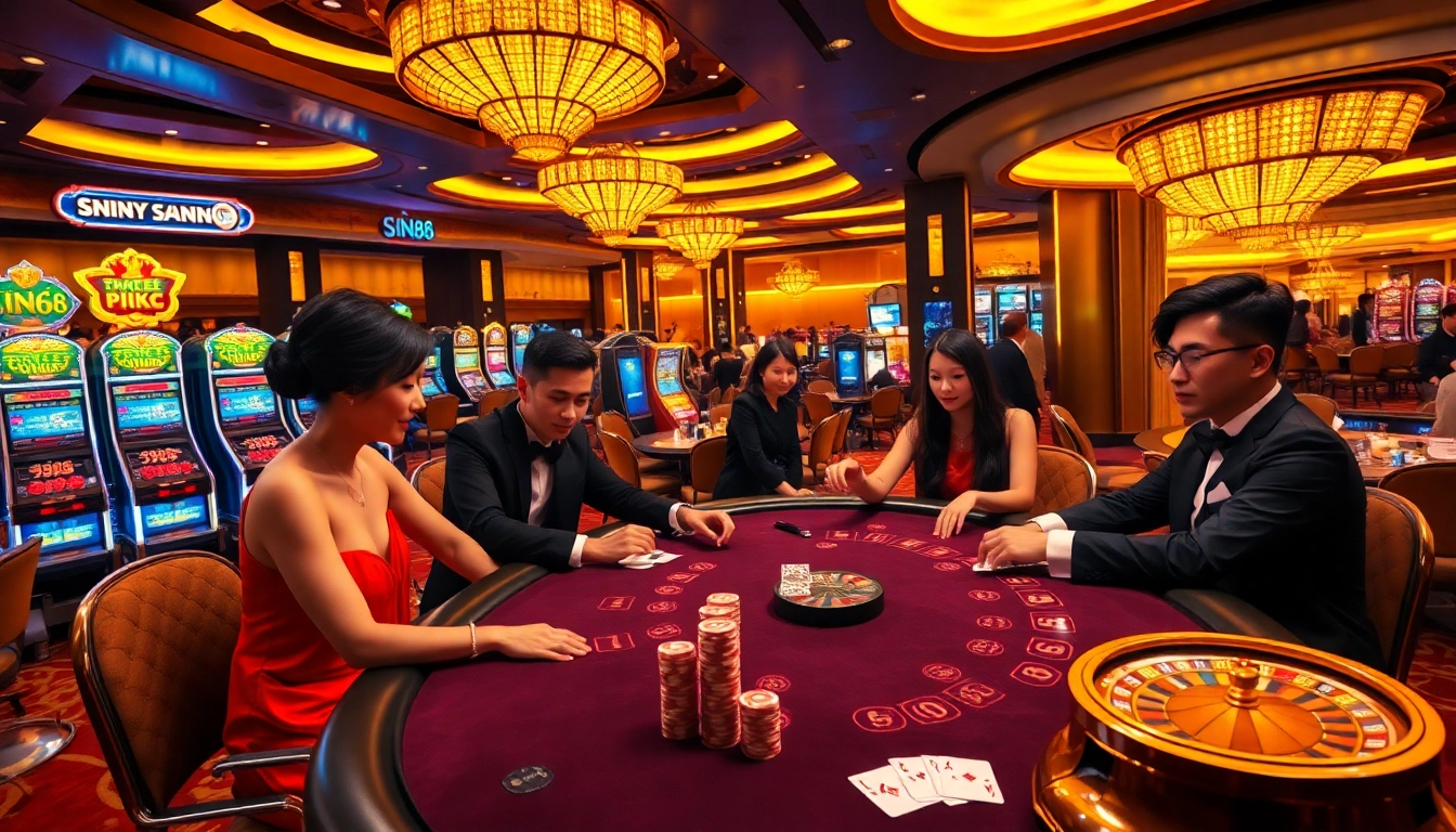 SIN88 high-stakes poker game with players, casino atmosphere, and exciting gambling elements.