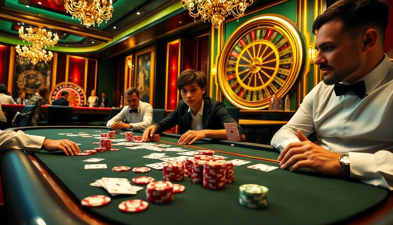 Players enjoying a high-stakes game at 68VIP with vibrant poker chips and cards on a luxurious casino table.