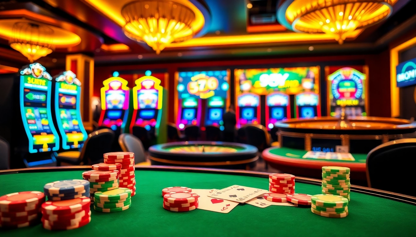 Experience thrilling gameplay at 95Y with vibrant poker chips and casino tables in a luxurious setting.