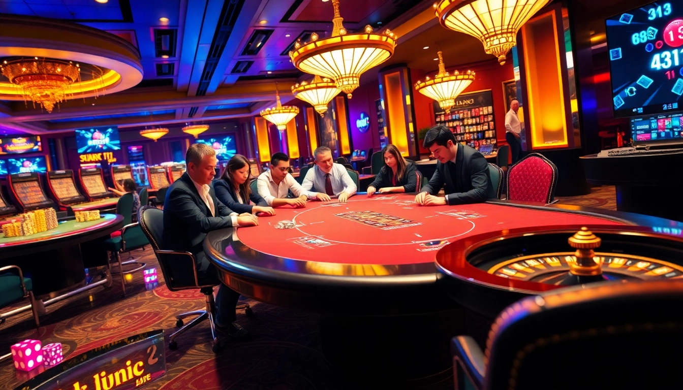 Exciting scene of gamblers at a poker table emphasizing Đăng nhập sunwin in a luxurious casino setting.
