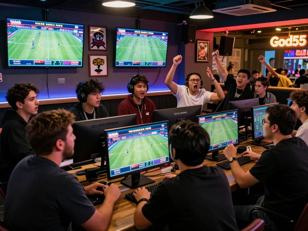 Excited sports bettors engaging with live odds at God55 sports event, capturing dynamic atmosphere.