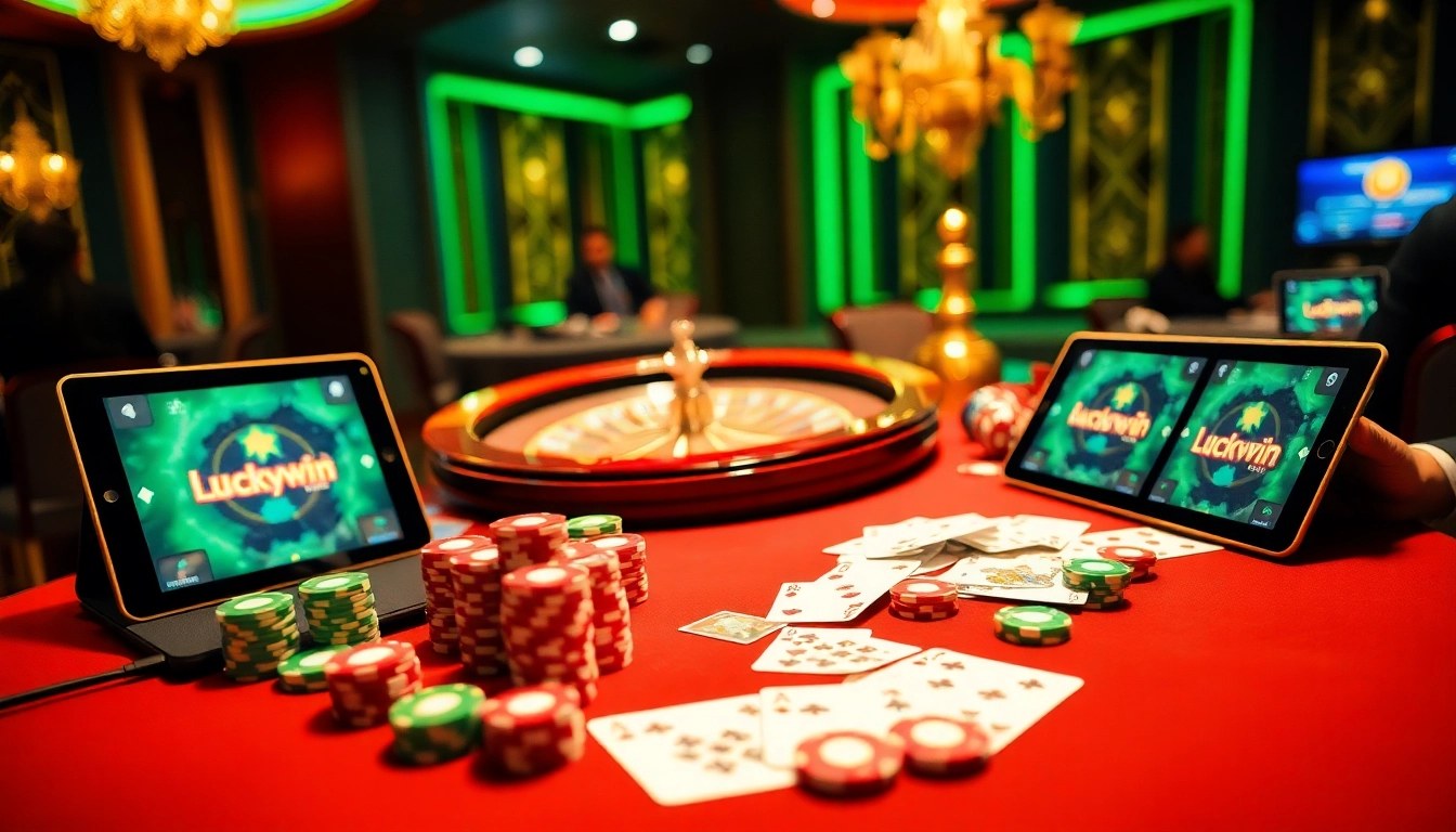 Luckywin online gamblers actively playing poker at a luxury casino table filled with chips and cards.