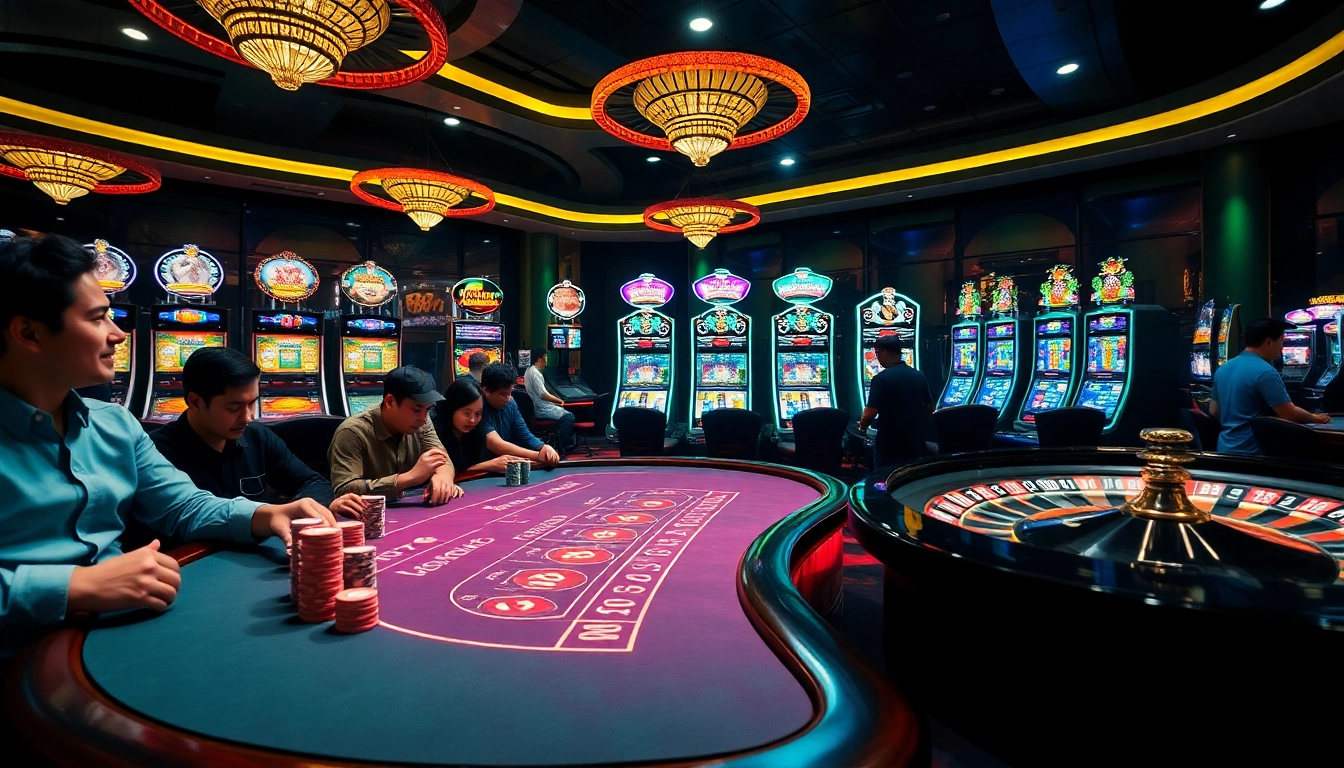 Engaging casino experience at PG66 with players at a blackjack table, poker chips, and glowing slot machines.
